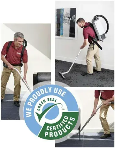 azsamedayservice.com azsamedayservice.com Collage of 3 images; the first with a Stratus employee using a vacuum, the second with a Stratus franchisee deep cleaning carpet, the third with a Stratus franchisee wearing and using a backpack vacuum, and a logo that states they use green seal certified products.